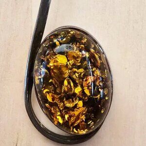 Vintage 90's Minimalist Large 925 Sterling Silver & Orange Baltic Amber Pendant